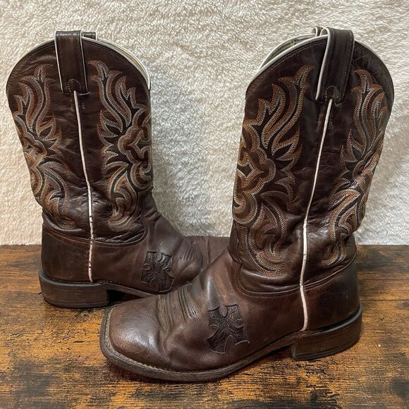 Tony Lama Western Mens Boots 7.5 B Embroidery Cross Inlay Leather Cowboy Rodeo - Picture 2 of 16